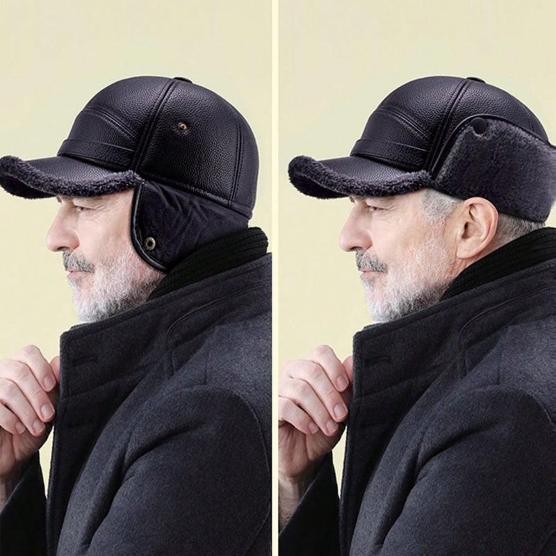 Men's Winter Warm Hat Thickened Ear Flap Cap with Faux Leather