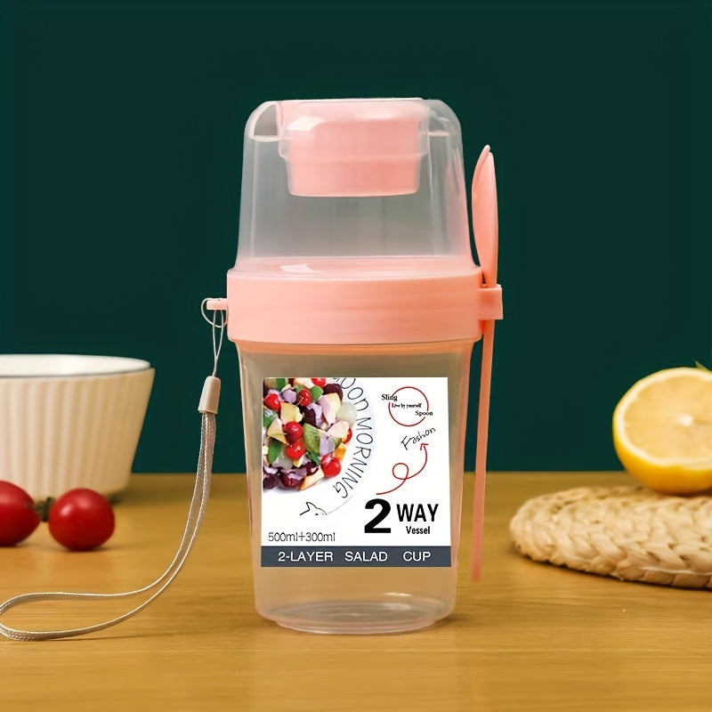 Salad Container to Go, Cereal Cup to Go, Lunch Accessories - Two-in-one Portable Salad Cup Container Set, with Dressing Rack and Fork, BPA-free Plastic, Hand Wash, Lightweight Rectangular Water Bottle Set, for Yogurt, Cereal,
