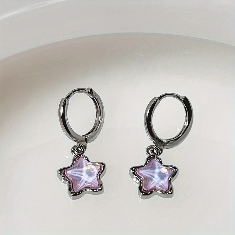 Pretty Pink Star Pendant Hoop Earrings Alloy Jewelry Synthetic Gems Inlaid Elegant Leisure Style for Women Dating Earrings, Gift for Eid, Ramadan
