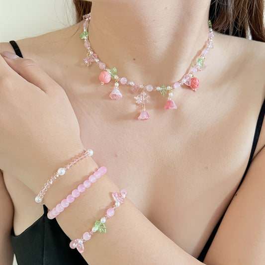1 Set Bohemian Handcrafted Beaded Jewelry, Pink Floral & Leaf Design, Elegant Necklace and Bracelet Combo for Women, Perfect for Daily Wear & Special Occasions, Ideal Valentine's Day Gift