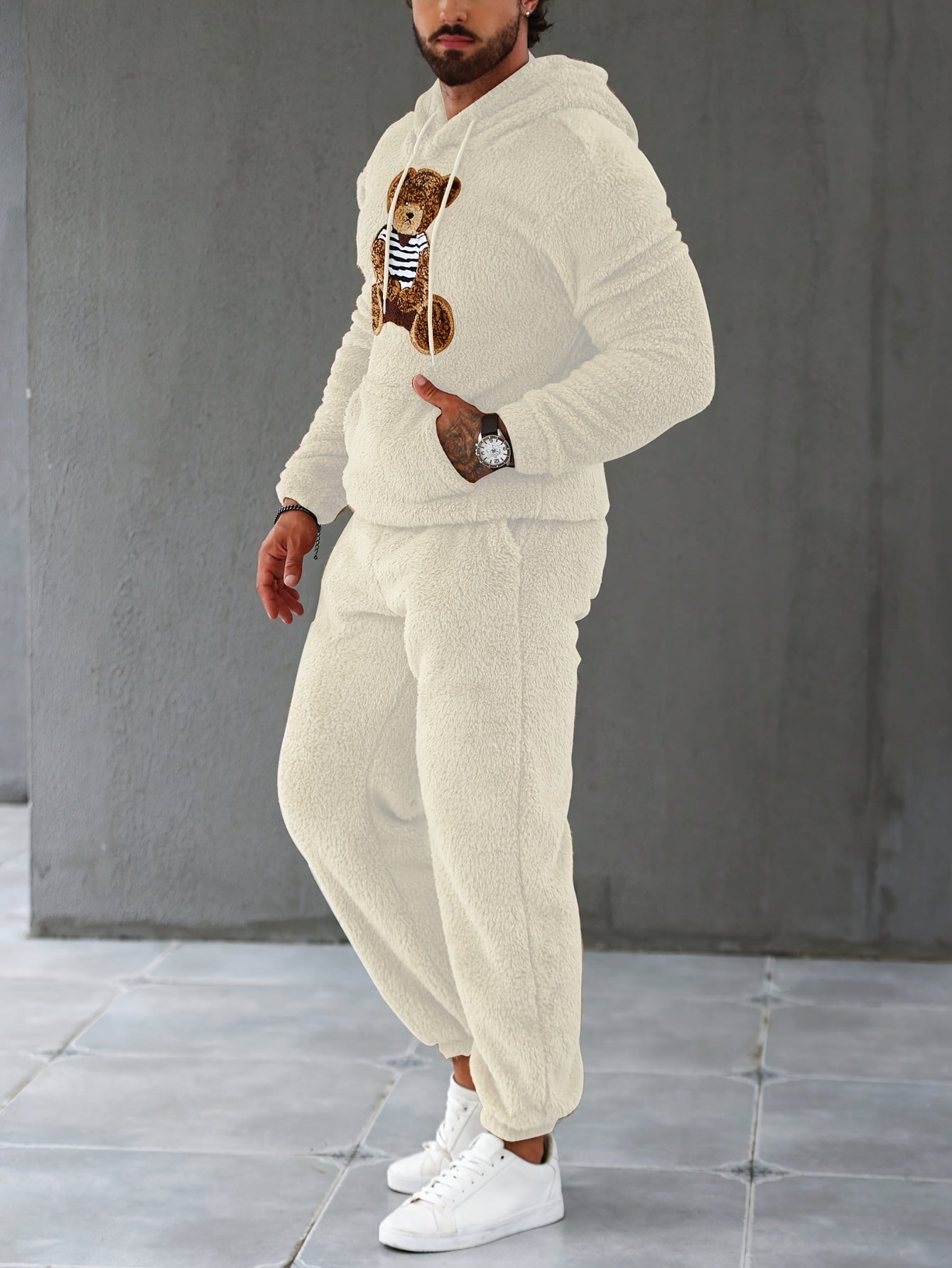 2Pcs Men's Fuzzy Fleece Casual Hoodies Long Sleeve Hooded Sweatshirt And Sweatpants Joggers Set For Winter Fall