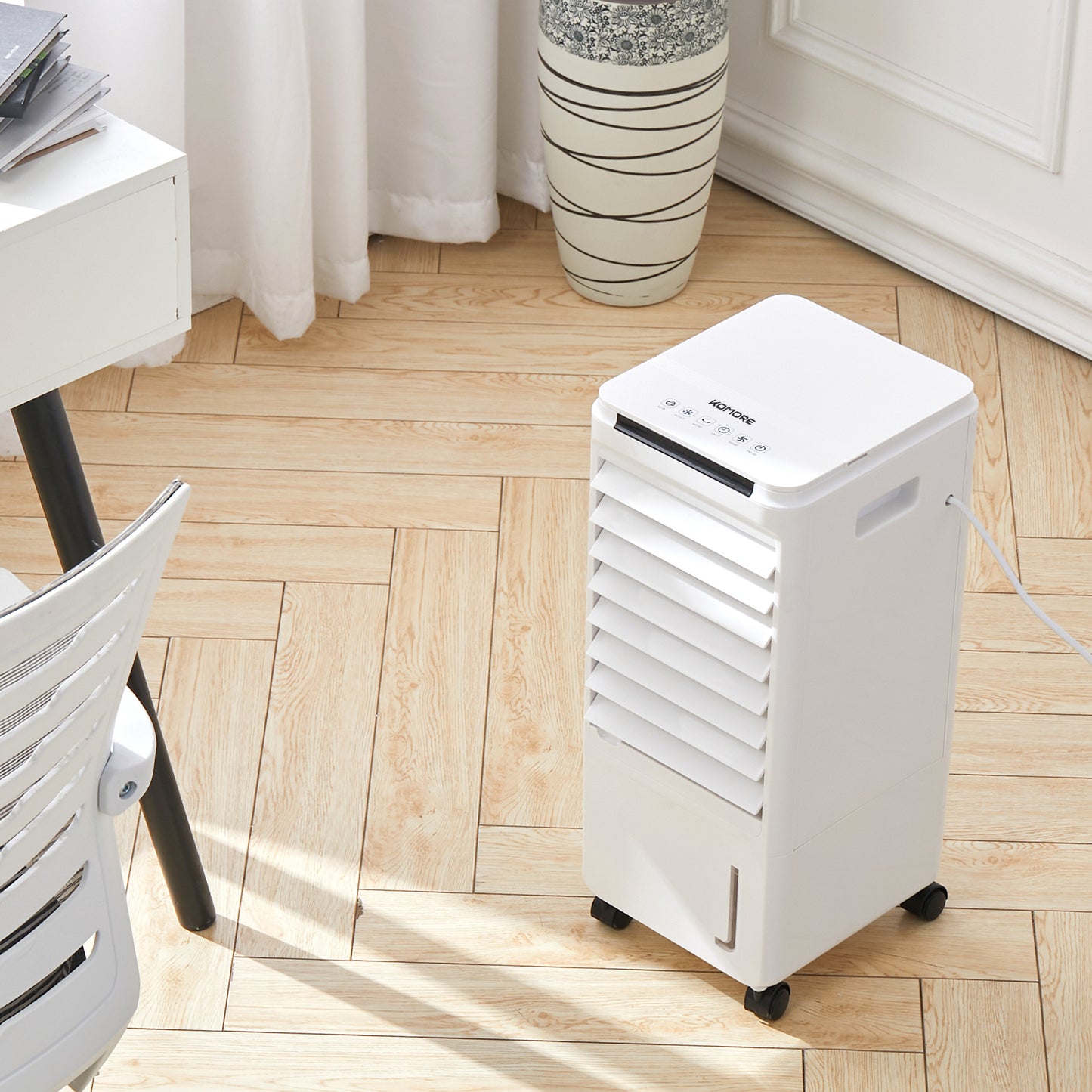 Evaporative Air Cooler, Room Cooler with 2 Ice Trays, 4 In 1 Air Cooler Cool Fan Humidifier Air Purifier, Evaporative Cooler for Home Office, Cooler Fan with Wheel, 7L Water Tank