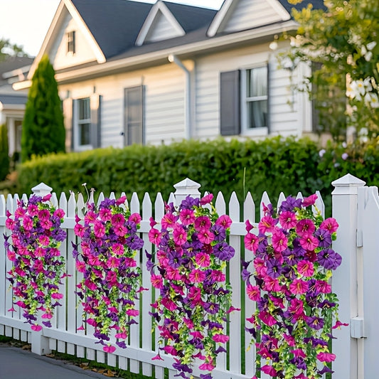 [4pcs UV-Resistant Morning Glory] 4pcs UV-Resistant Artificial Morning Glory Hanging Vines | Realistic Outdoor Flowers with Vibrant Pink, Purple, Yellow & Green Blooms, Durable Plastic Weather-Resistant Decor for Garden, Wedd