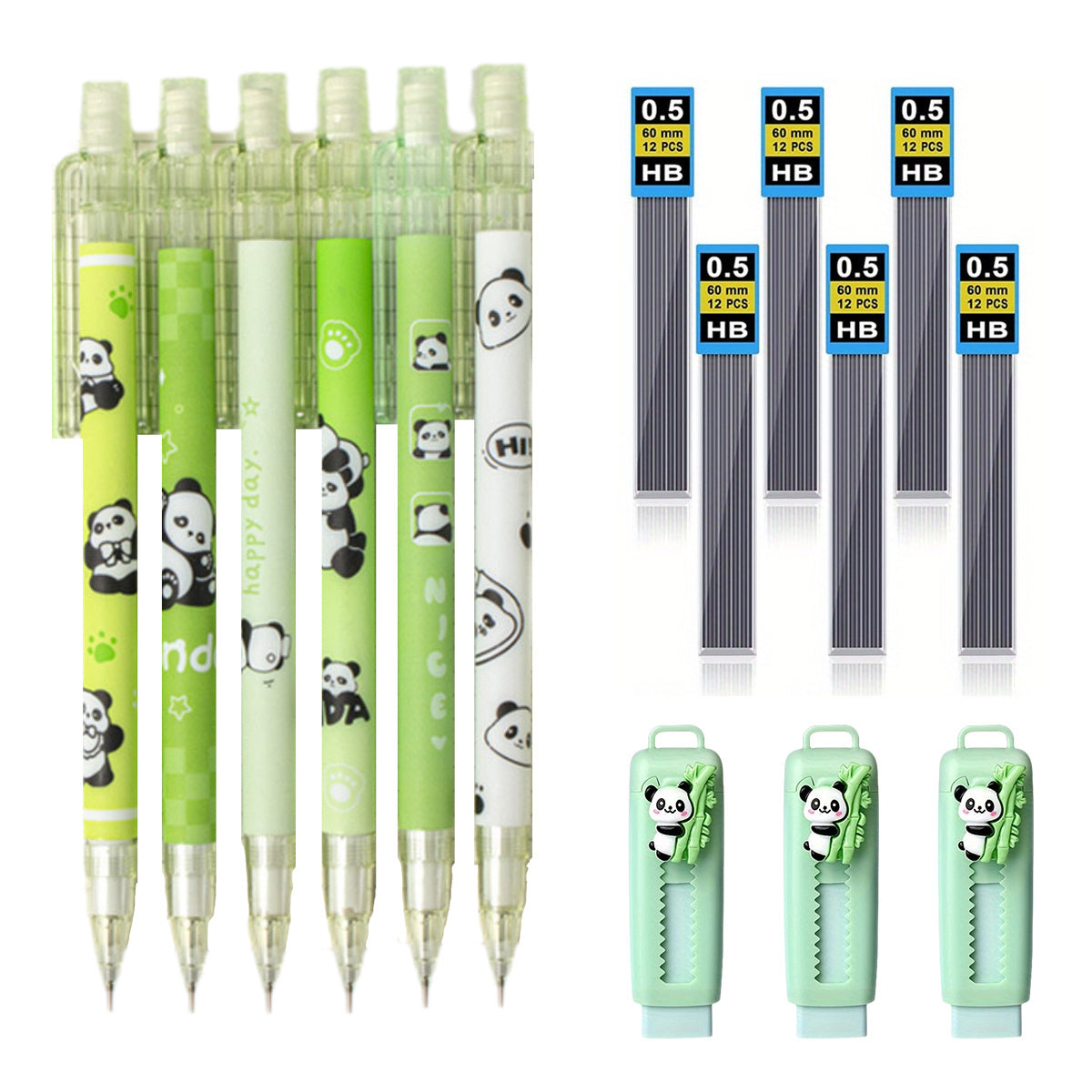 [15pcs Cute Panda Mechanical Pencil] 15pcs Cute Panda Mechanical Pencil Set with Refills & Erasers - 0.5mm Black Ink, Perfect for Writing, Drawing & Sketching, Kawaii, Tubes