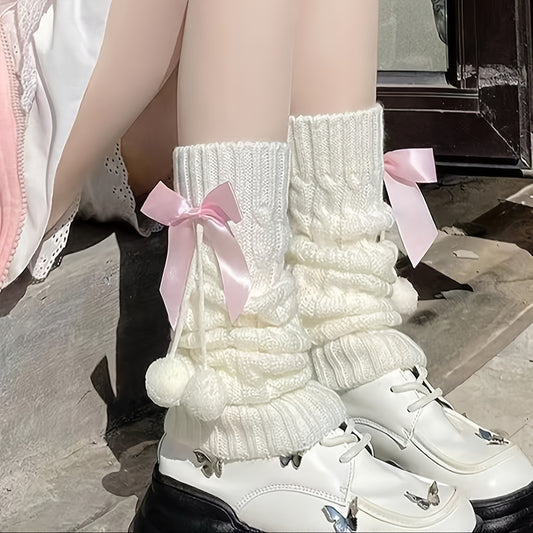 1 Pair Women'S Sweet Cute Pink Bowknot Pom Pom Knit Leg Warmers - Cozy & Versatile, Acrylic 90.0% Spandex 10.0%, Hand Washable, Knee-Length Design with Bow Detail, Warm Knit Leggings|Playful Fashion|Knitted Leggings