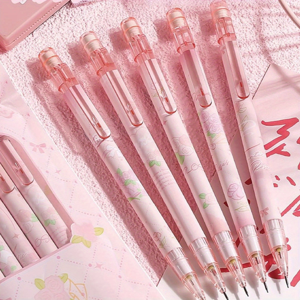 5pcs Cute Pink Mechanical Pencils 0.5mm Cartoon Rose Mechanical Pencil Kawaii Pencils School Pencil for Students Girls Boys Women Office School Suppies (5pcs Pink Rose)