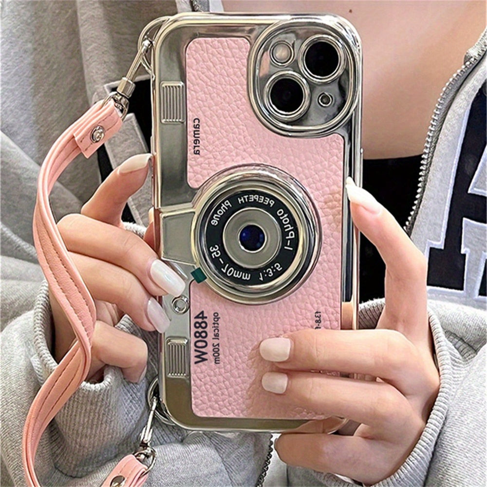 Vintage-Style 3D Camera TPU Case with Lanyard for iPhone 12/14 Pro Max, 11/13 – Chic Couple Gift Cover