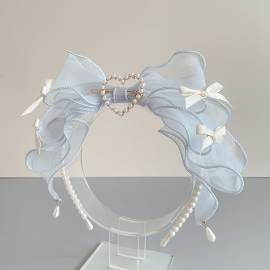 Elegant Light Blue Mesh Bow Headband - Chic, Faux Pearls & Heart Accent, 1pc, Perfect for Women, Parties or Special Occasions