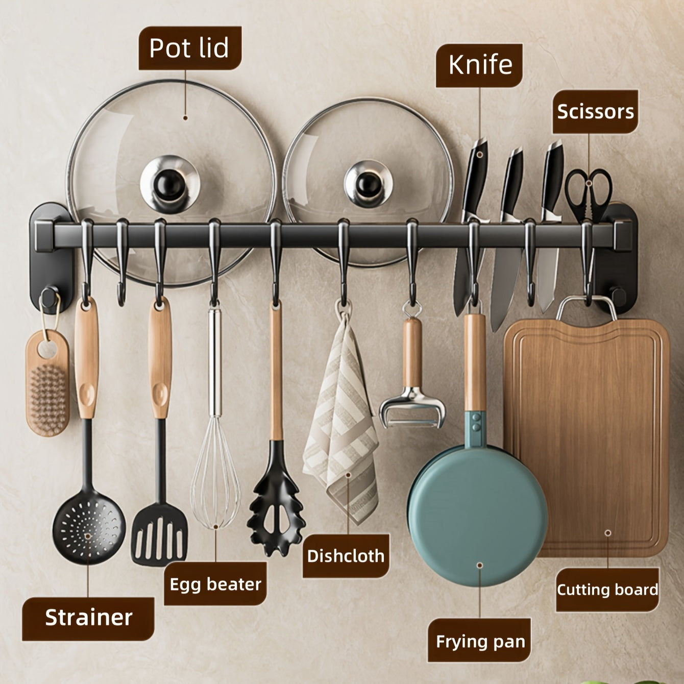 Plastic Kitchen Utensil Storage Rack with 6/8/10 Active Hooks - Wall-mounted Storage Rack for Tableware, Knives, and Pot Lids, with Drainage Hooks, Easy to Install, Suitable for Hanging Storage of Cooking Tools and Towel Rack