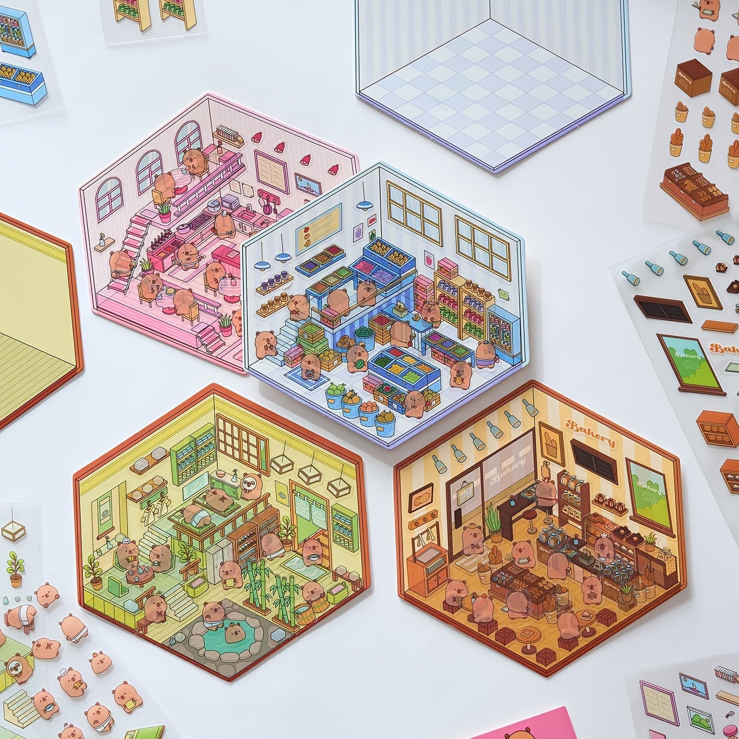 4pcs Set of Dolphin Diary Series Scenery Stickers, PET Three-Dimensional Scenery Stickers, Capybara Scene Stickers, Miniature Scene Stickers, DIY Superimposed 3D Cabin Stickers, 3D Three-Dimensional Stickers, DIY Decompressio