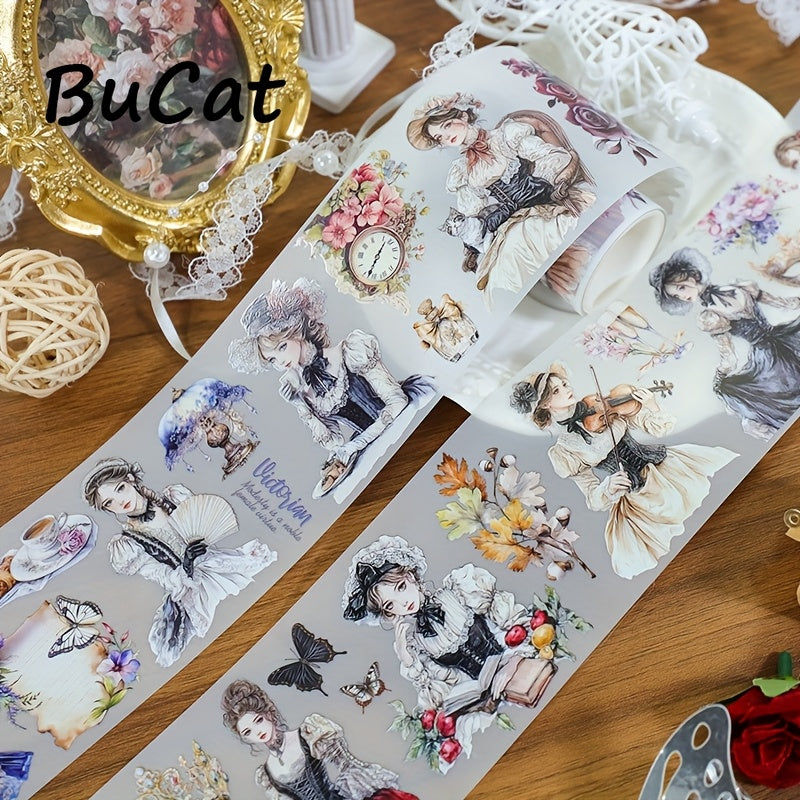 2m Princess Leisure Time PET Washi Tape - Transparent Roll Stickers with Elegant Women in Victorian Dresses, Butterflies, Flowers, and Clocks - Ideal for Scrapbooking, Journaling, and Aesthetic Stationery Decor, Journaling Su