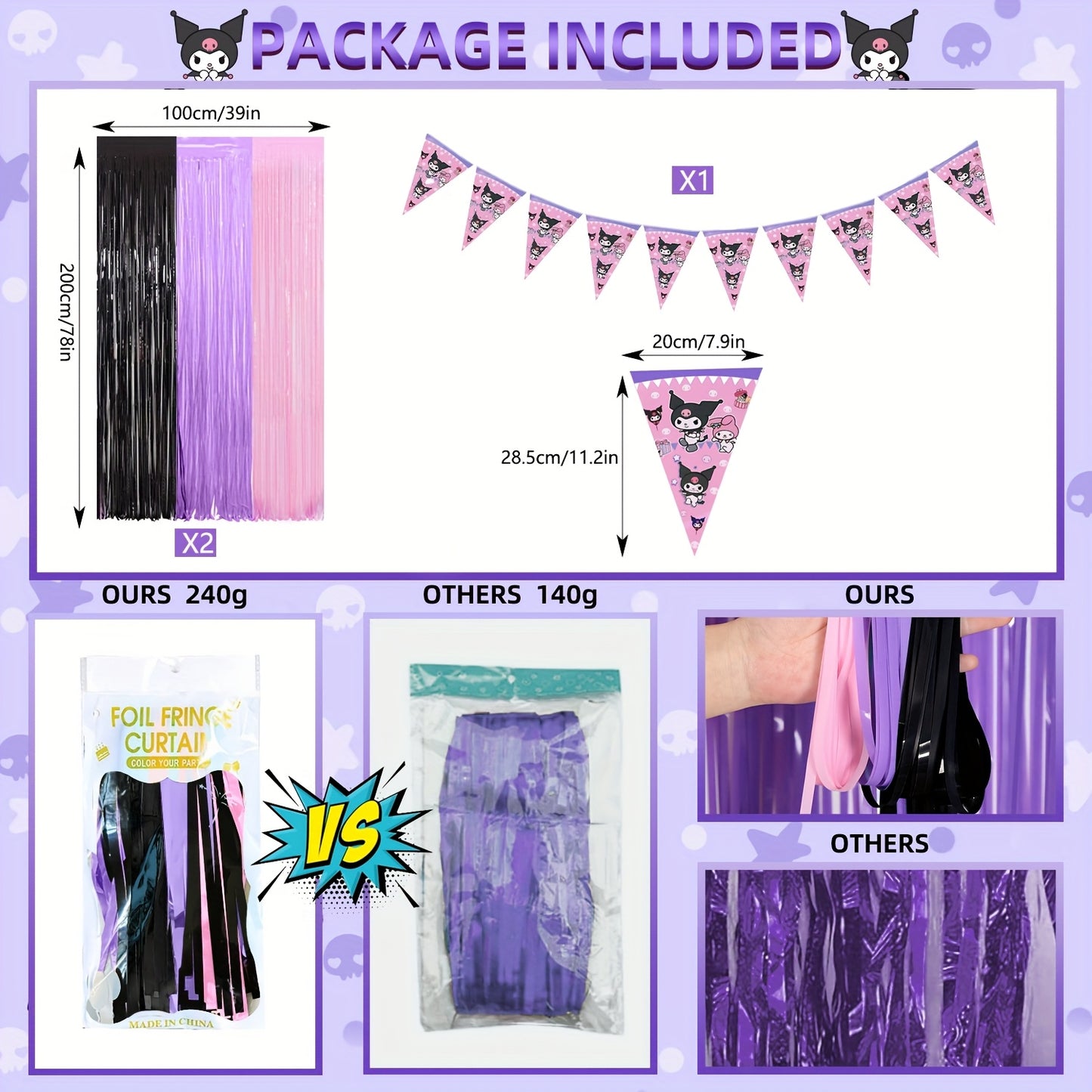 Kuromi Birthday Party Decorations, 1/2/4pcs Kuromi Party Photo Booth Props, Hot Pink Teal Pink Fringed Background with Tinsel Photo Streamers for Kuromi Birthday Party Supplies