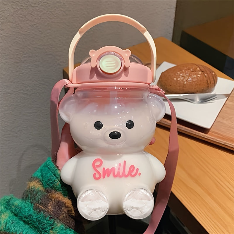 1pc Cute Bear Handheld Water Bottle, 34 oz/1000ml Large Capacity, PC Material, Flip Top, Straw Lid, Uncharged - Ideal for Milk, Tea, and More