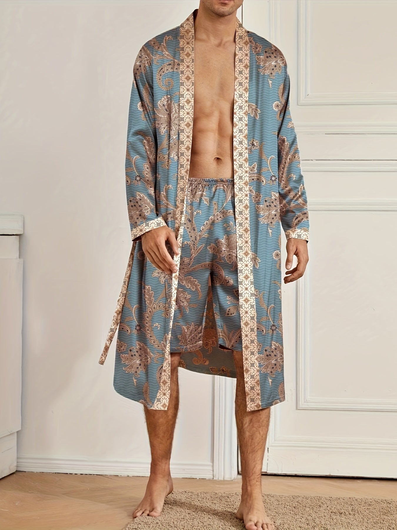 Men's Sleep Robe, Elegant And Light Luxury Pajamas Set, Stylish Gorgeous Floral Print, V-neck Long Sleeve .