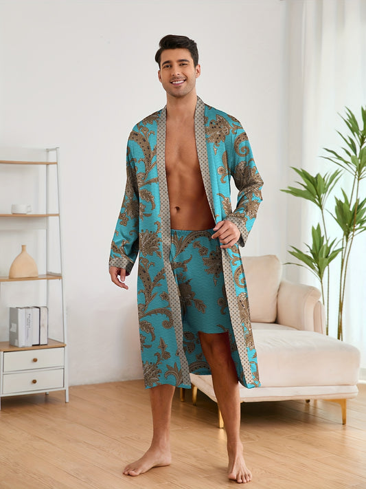 Men's Sleep Robe, Elegant And Light Luxury Pajamas Set, Stylish Gorgeous Floral Print, V-neck Long Sleeve .